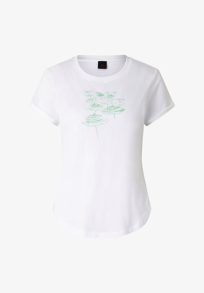 Weißes T-Shirt mit kurzen Ärmeln, rundem Ausschnitt und einem hellgrünen, abstrakten Blumendesign in der Mitte vorne.