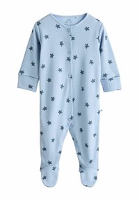 Lyseblå babybody med mørkeblå stjerner, lange ærmer, trykknapper og foddesign for varme og dækning.