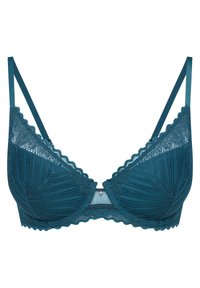 Brazylijka w kolorze niebiesko-zielonym z koronkowym wzorem, miękkimi trójkątnymi miseczkami, regulowanymi ramiączkami i małym dekoracyjnym akcentem na środku.