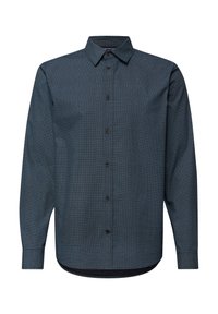 Pánská košile s dlouhým rukávem na knoflíky s jemným károvaným vzorem v tmavě modré a černé, vybavená špičatým límečkem a zapínáním na knoflíky na manžetách.