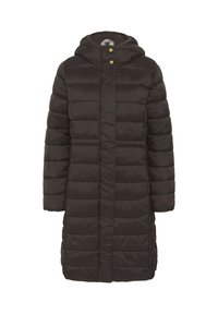 Schwarze Pufferjacke mit Kapuze, ausgestattet mit horizontalen Steppnähten, goldenen Druckknöpfen und einem mittellangen Design für zusätzliche Wärme.