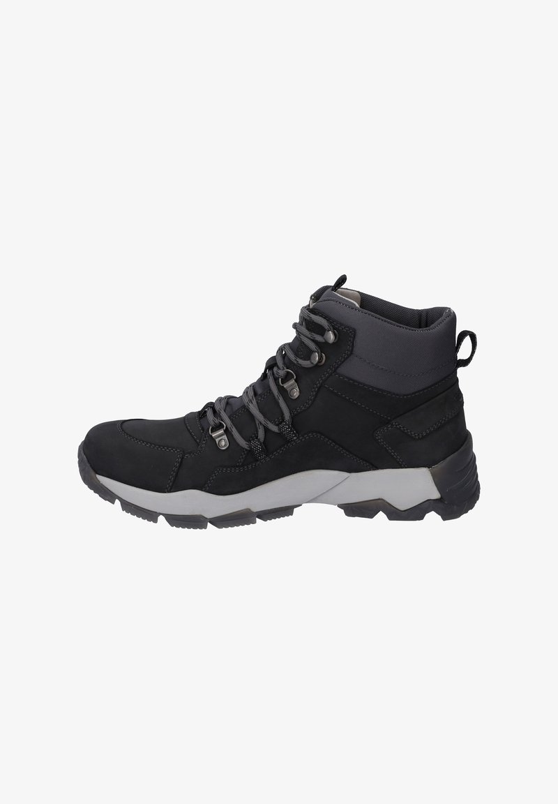 Scarpa da hiking nera alta con tomaia sintetica, accenti grigi, lacci e suola in gomma. Presenta occhielli robusti e un colletto testurizzato.