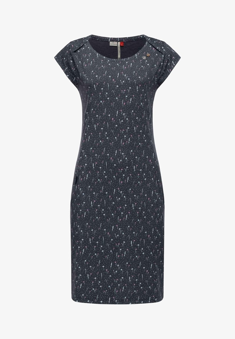 Robe bleu foncé longueur genou avec manches courtes, petit motif floral et encolure ronde avec deux petits boutons près de l'épaule gauche.