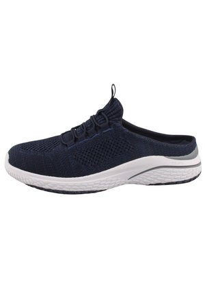 Navy blue slip-on shoe with a textured knit upper, elastic laces, and a white cushioned sole. Features a rear pull tab for easy wear.