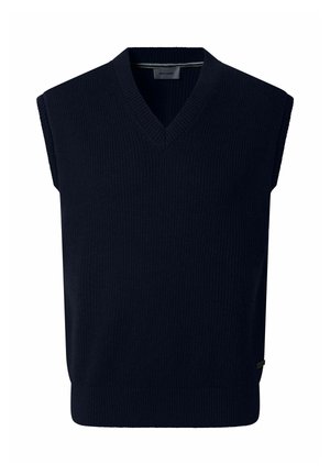 Marineblaues, ärmelloses Strickweste mit V-Ausschnitt und gerippten Kanten, entworfen zum Tragen über Hemden oder Oberteilen.