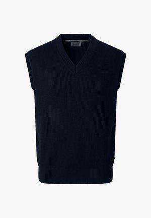 Donkerblauw mouwloos gebreid vest met V-hals en geribbelde randen, ontworpen om over overhemden of tops te dragen.
