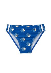Trunks de bain bleus ornés de visages de cartoon représentant un hérisson bleu, accentués de rayures blanches sur les côtés. Fabriqués en tissu élastique et à séchage rapide.