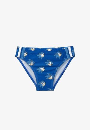 Blaue Schwimmbrieftaschen mit sich wiederholenden Cartoon-Gesichtern eines blauen Igels, akzentuiert mit weißen Seitenstreifen. Hergestellt aus elastischem, schnell trocknendem Material.