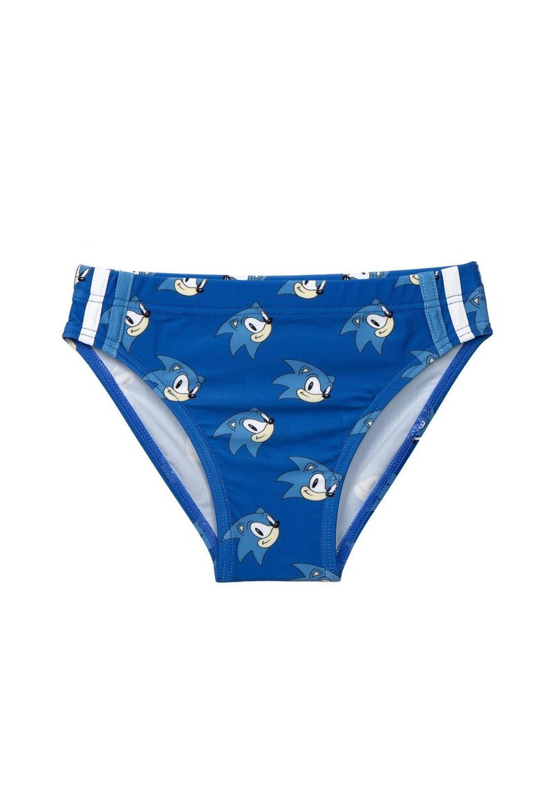 Trunks de bain bleus ornés de visages de cartoon représentant un hérisson bleu, accentués de rayures blanches sur les côtés. Fabriqués en tissu élastique et à séchage rapide.