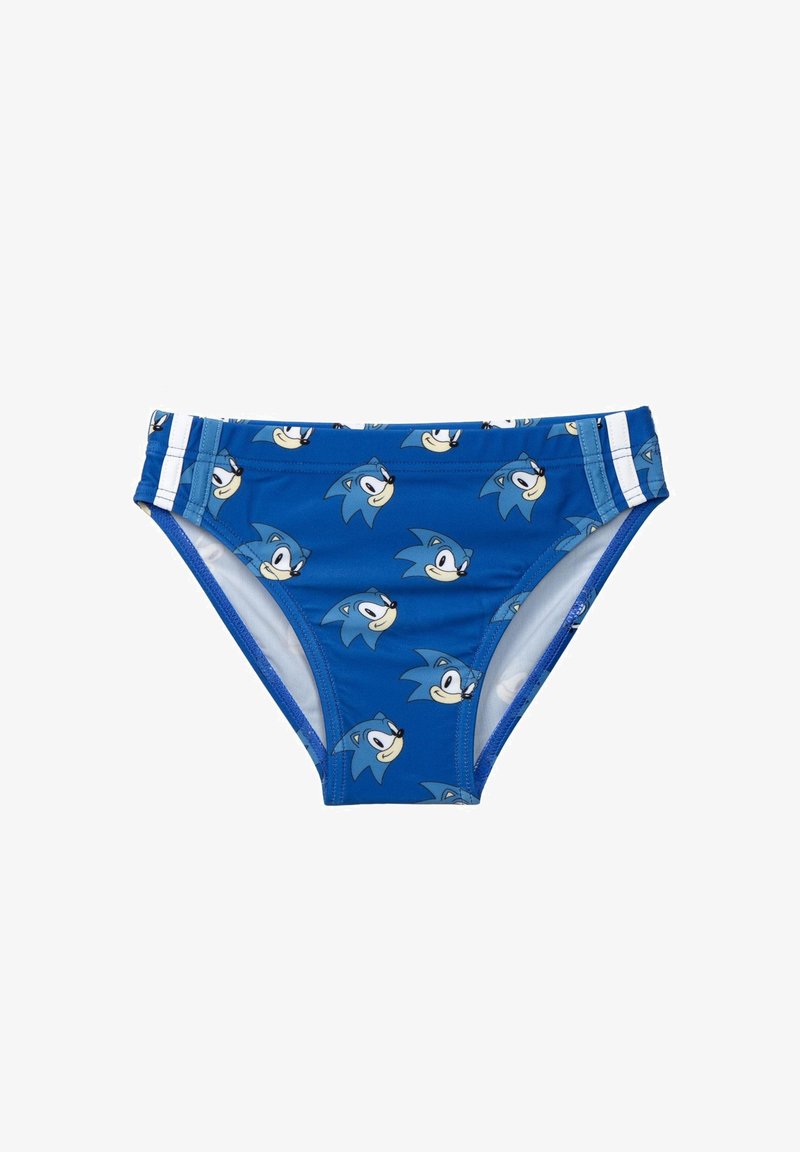 Trunks de bain bleus ornés de visages de cartoon représentant un hérisson bleu, accentués de rayures blanches sur les côtés. Fabriqués en tissu élastique et à séchage rapide.