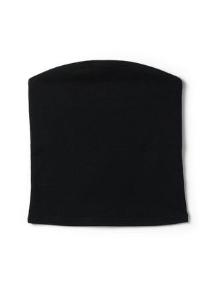 Schwarzer tubulärer Halswärmer aus elastischem Stoff, der dafür konzipiert ist, um den Hals getragen oder zum Gesichtsschutz hochgezogen zu werden.