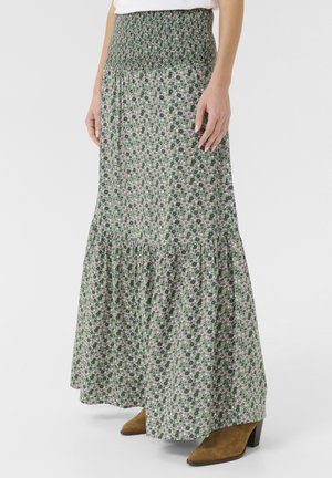 Maxi-Rock aus leichtem Stoff, mit einem gerafften Bund, floralem Muster in Grün, Pink und Weiß, und einem mehrlagigen Rüschensaum.
