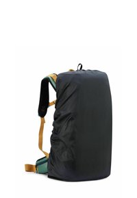 Zaino nero in nylon con spalline gialle e accenti verdi. Tessuto liscio, forma rettangolare, dotato di maniglia superiore e tasca con zip.