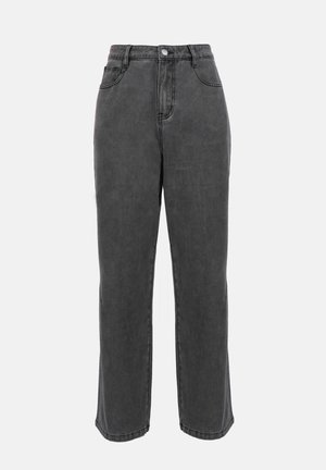 Jean gris taille haute avec une coupe droite, dotée de poches avant et d'une fermeture à boutons. Texture en denim lisse avec un minimum de détails.