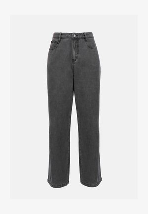 Jeans grigi alti in vita con design a gamba dritta, dotati di tasche frontali e chiusura con bottone. Tessuto denim liscio con dettagli minimi.