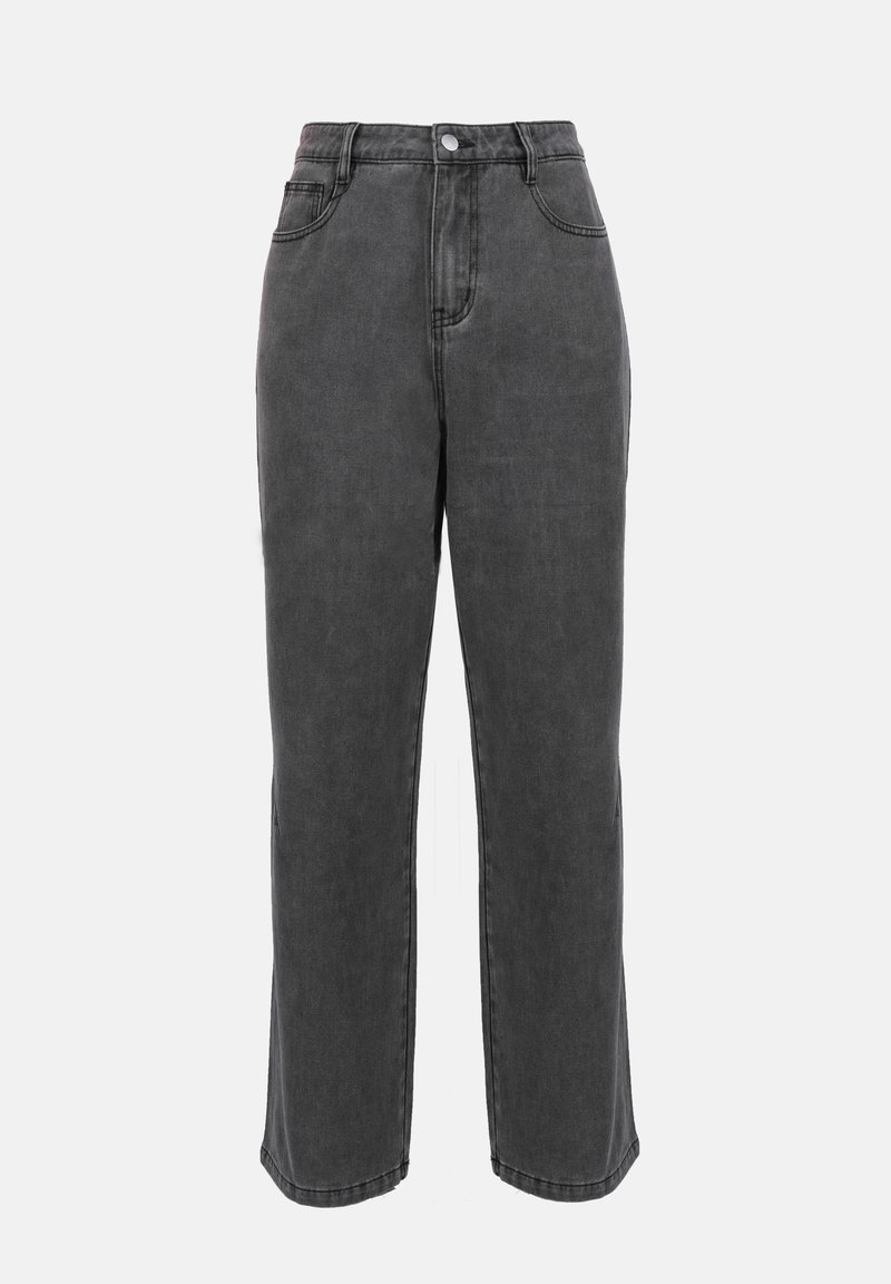 Jean gris taille haute avec une coupe droite, dotée de poches avant et d'une fermeture à boutons. Texture en denim lisse avec un minimum de détails.