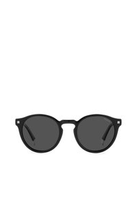 Occhiali da sole neri in plastica con lenti scure, forma rotonda e piccoli dettagli quadrati vicino alle cerniere. Design elegante e minimalista.