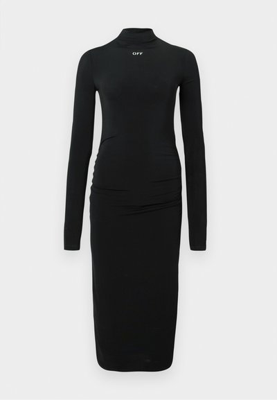 Vestido negro de manga larga con cuello alto estilizado, que presenta detalles de recogido en los laterales y un logo blanco "OFF" en el pecho, confeccionado en una tela suave.