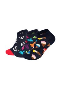Set aus drei Knöchelsocken mit naval Hintergrund. Eine Socken mit einem Ankerdesign, eine andere mit bunten Händen und die letzte mit Eistüten.