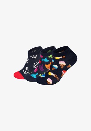 Set of three ankle socks featuring a navy background. One with an anchor design, another with colorful hands, and the last with ice cream cones.