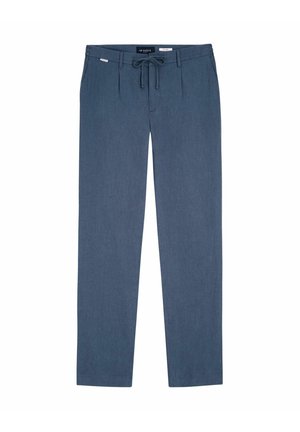 Pantalon décontracté bleu pour homme avec taille à cordon, passants pour ceinture et poches latérales, posé à plat sur un fond blanc.