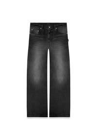 Wide-leg black denim jeans with a faded finish, five-pocket design, and subtle stitching details on the waistband and pockets.