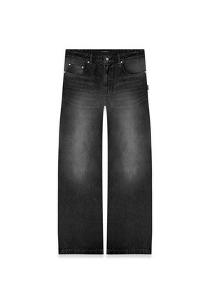 Weite schwarze Denim-Jeans mit einem verblassten Finish, Fünf-Taschen-Design und dezenten Nähdetails am Bund und den Taschen.