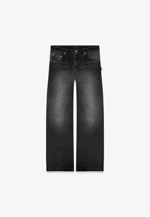 Brede zwarte denim jeans met een vervaagde afwerking, vijf-pocketontwerp en subtiele stiksels op de tailleband en zakken.