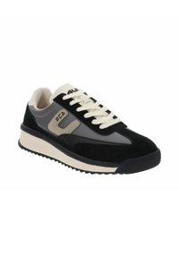 Sneaker con una combinazione di camoscio nero e pelle grigia. Presenta una suola in gomma bianca, accenti beige a contrasto e lacci color crema.