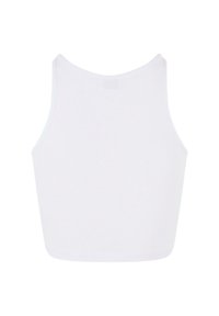 Top scurt ribbed alb, cu un guler larg și design fără mâneci. Țesătura pare moale și elastica, oferind o siluetă ajustată.