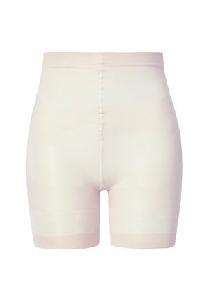 Shorts beige modellanti realizzati in tessuto elasticizzato. Presentano un'alta vita e bande testurizzate alle gambe per una presa maggiore.