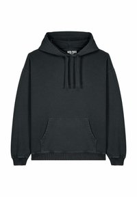 Černá mikina s kapucí vyrobená z bavlněné směsi, s přední kapsou, žebrovanými manžetami a lemem, a stahovací kapucí. Jednoduchý, nezdobený design.