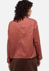 Chemise de couleur rouille, à boutonnières, avec une coupe décontractée, des manches longues et des coutures visibles au dos. Texture du tissu lisse, design minimaliste.