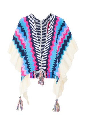 Multicolore poncho met geometrische patronen in blauw, roze en marineblauw, met crèmekleurige franjes aan de randen en kwastjesaccenten aan de onderkant.