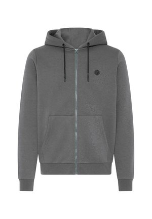 Graue Kapuzenjacke mit Reißverschluss aus weichem Material, ausgestattet mit einer Kapuze mit Kordelzug, Fronttaschen und einem kleinen Logo auf der Brust. Glatte Textur.