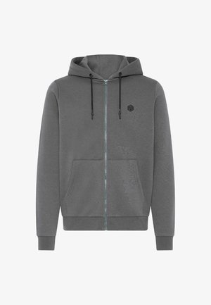 Grey zip-up hoodie made of soft fabric, featuring a drawstring hood, front pockets, and a small logo on the chest. Smooth texture.