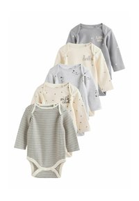 Setti viiden pitkähihaisen vauvan bodyn harmaana, kermaisena ja raidallisena. Sisältää painettuja tekstejä ja minimalistisia kuvioita, valmistettu pehmeästä kankaasta.