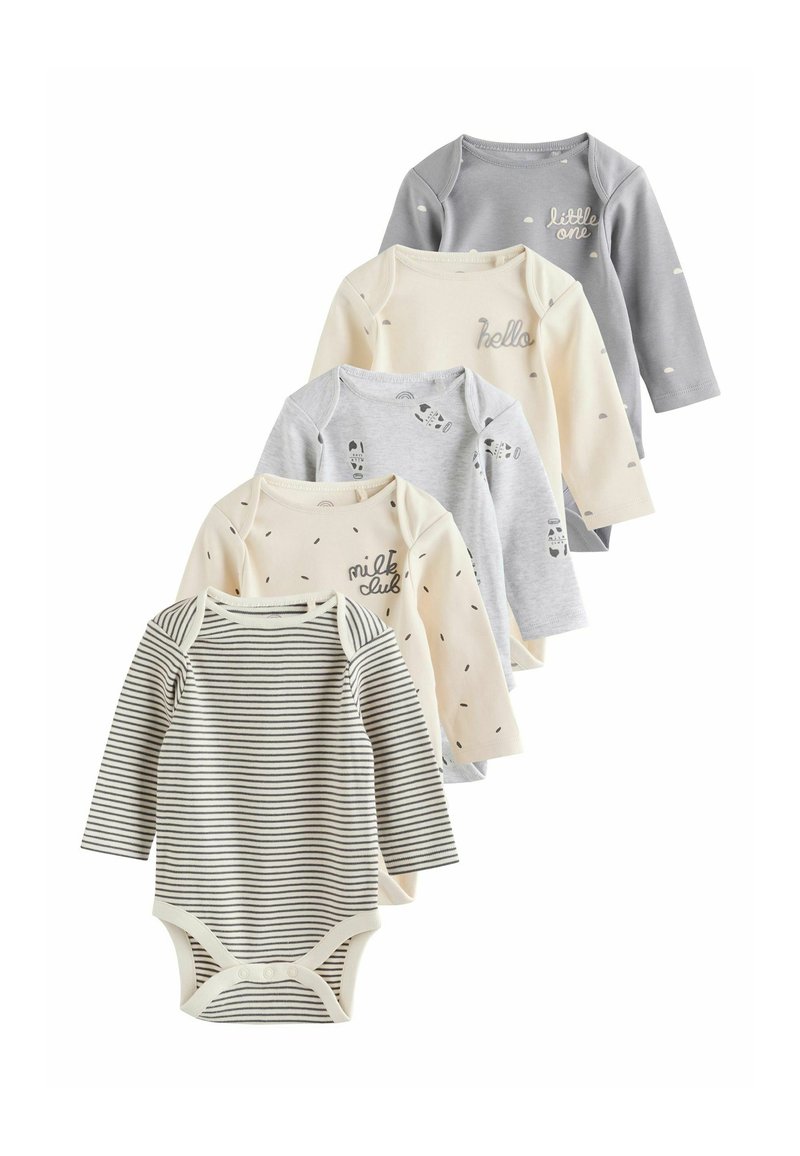 Setti viiden pitkähihaisen vauvan bodyn harmaana, kermaisena ja raidallisena. Sisältää painettuja tekstejä ja minimalistisia kuvioita, valmistettu pehmeästä kankaasta.