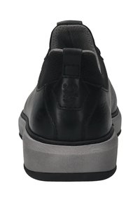 Schwarze Leder-Sneaker mit strukturiertem Rückteil, gepolstertem Kragen und grauer Schaumsohle mit logoverziertem Fersenbereich.