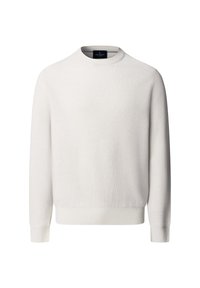 Maglione grigio chiaro in maglia tessutata, con scollatura rotonda, maniche lunghe e polsini e vita a costine. Etichetta del marchio visibile all'interno.