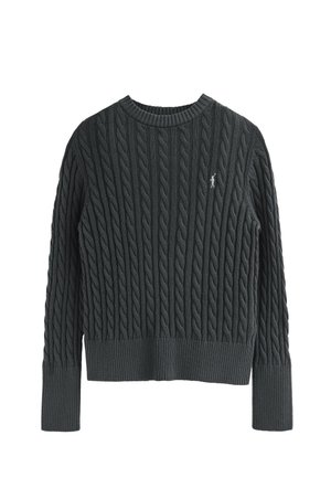 Donkergrijze trui van gebreid materiaal met kabelpatroon; geribde ronde hals, manchetten en zoom; kleine logodetail aan de voorkant.
