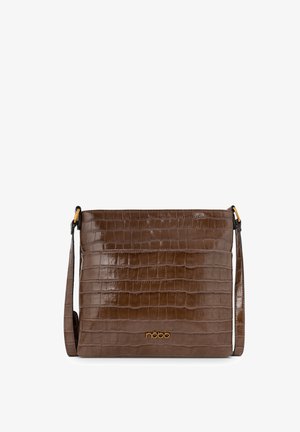 Borsa a tracolla in pelle sintetica marrone effetto coccodrillo con superficie liscia, dettagli in oro e logo visibile nella parte inferiore.