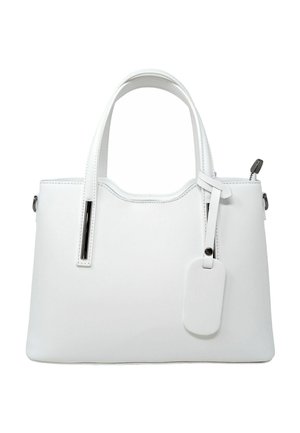 Borsa a tracolla in pelle bianca con manici doppi, chiusura con cerniera e una targhetta rettangolare rimovibile sulla cinghia frontale.