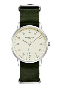 Round watch with a silver case, light cream dial, black hour markers, date display, and a dark green nylon strap.