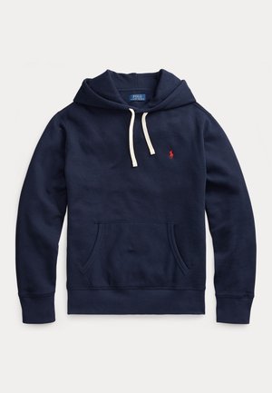 Granatowa bluza z kapturem z białymi troczkami, przednią kieszenią kangurka oraz małym czerwonym logo Polo Ralph Lauren na piersi.