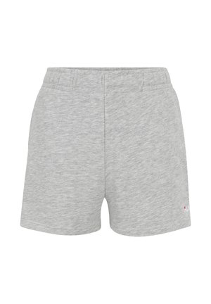 Grå bomullsshorts med elastisk midjeresår, mjuk textur och en liten logotyp på den nedre högra sidan.