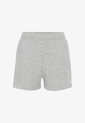 Grå bomullsshorts med elastisk midjeresår, mjuk textur och en liten logotyp på den nedre högra sidan.