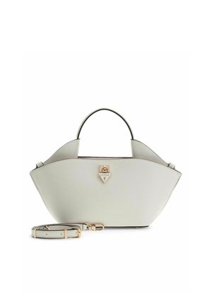 Borsa strutturata grigio chiaro con manico superiore, dettagli in oro e tracolla regolabile e removibile posizionata davanti.