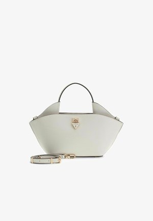 Borsa strutturata grigio chiaro con manico superiore, dettagli in oro e tracolla regolabile e removibile posizionata davanti.