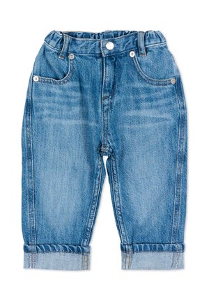Jeans in denim azzurro chiaro per bambini piccoli con elastico in vita, tasche anteriori, orli arrotolati e chiusura con bottone in vita.